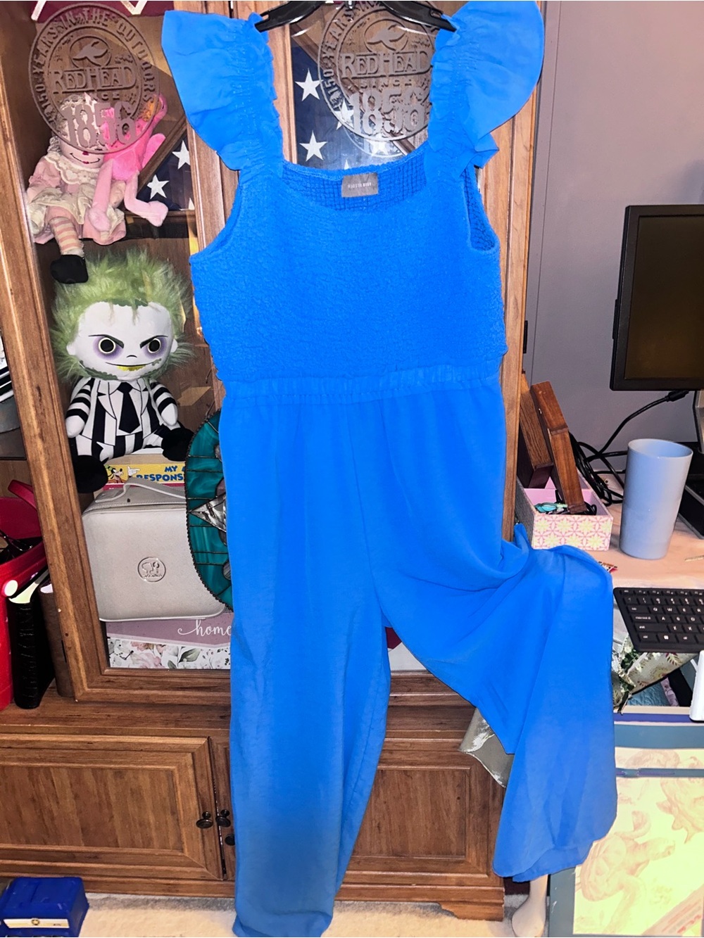 Girls' Royal Blue Ruffle-Shoulder One-Piece Jumpsuit